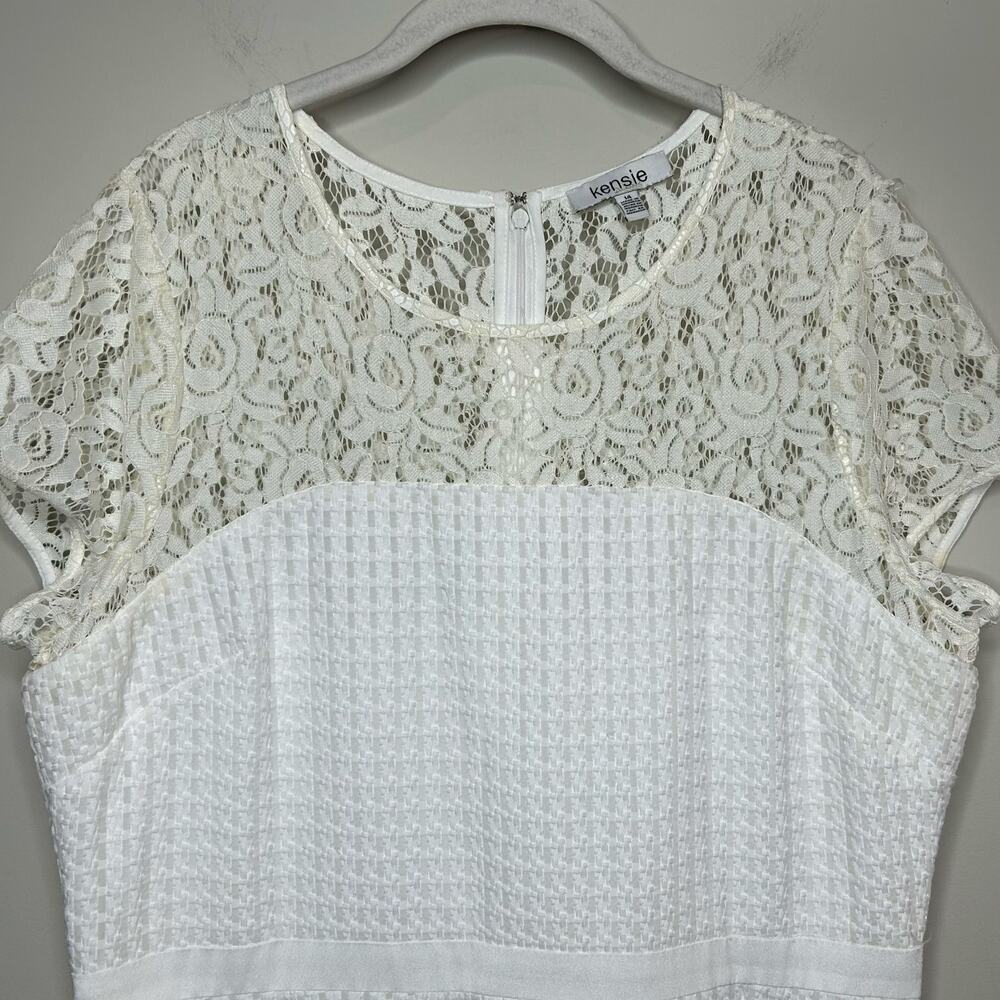 Kensie White Dress Size 14 Lace Top Tiered Pleated Ribbon Short Sleeves - Picture 5 of 14
